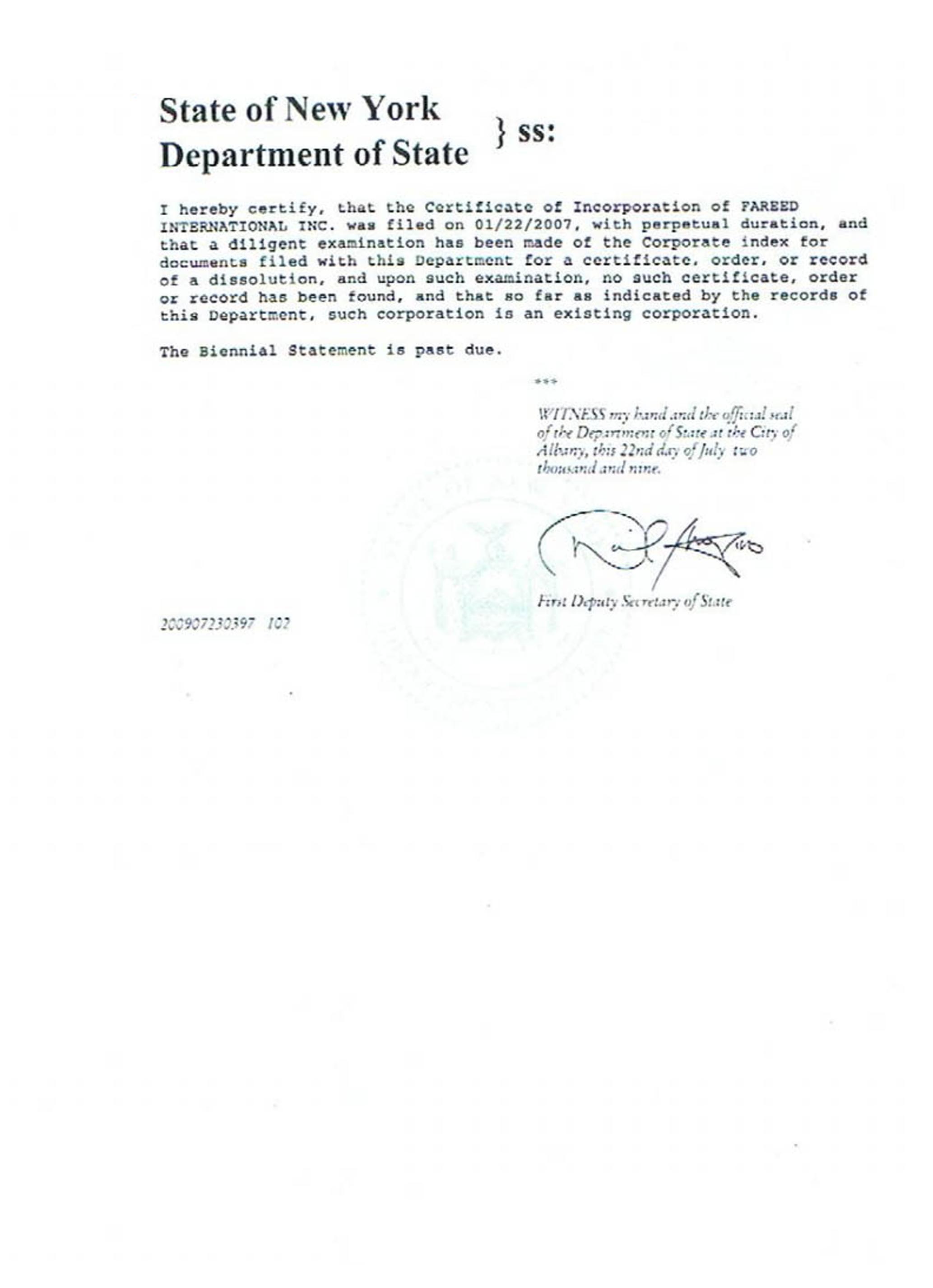 USA New York certificate of good standing